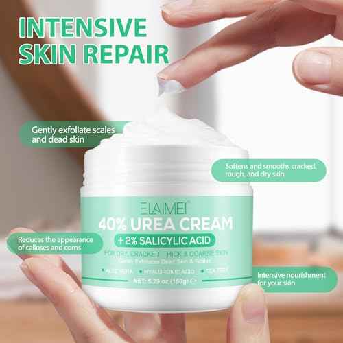 Urea Cream 40 Percent for Feet - 40% Urea Cream Plus 2% Salicylic Acid with Hyaluronic Acid,Tea Tree, Aloe Vera for Dry Cracked Heels, Knees & Maximum Strength Foot Deep Moisturizer(5.29 OZ)