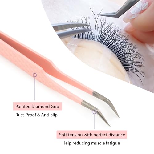 Fiber Tips 45 Degree Versatile Tweezers for Eyelash Extensions Volume Lashes or Isolation Diamond Grip High Precision Stainless Steel Pink (C-10)
