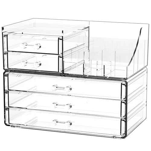 Acrylic Clear Make up Organizers And Storage for Vanity,Bathroom Skincare Organizer With 5 Drawer for Dresser,Plastic Desk Accessories Organization,Cosmetic Organizer Countertop for Beauty,Skin Care