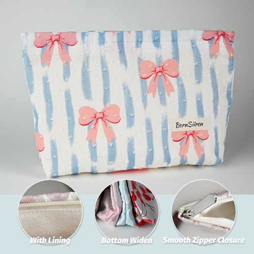 BornSiiren Bow Blue Stripe Large Makeup Bag Travel Organizer with Lining