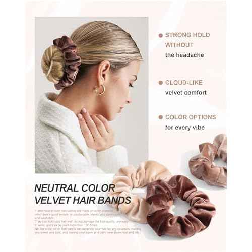 Scrunchies for Women, 12 Pcs Neutral Brown Tones Velvet Scrunchies - Classic Thick Elastic Hair Ties for a Soft Ponytail