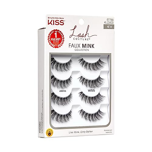 KISS Lash Couture, False Eyelashes, 'Jubilee', 10 mm, Includes 4 Pairs Of Lashes, Contact Lens Friendly, Easy to Apply, Reusable Strip Lashes, Glue On