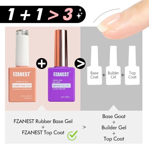 FZANEST Rubber Base & No Wipe Top Coat Gel Nail Polish Set