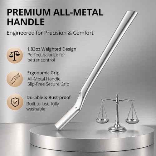Metal Dermaplane Razor for Face & Brows - Reusable Silver Facial Hair Remover with 12 Blades