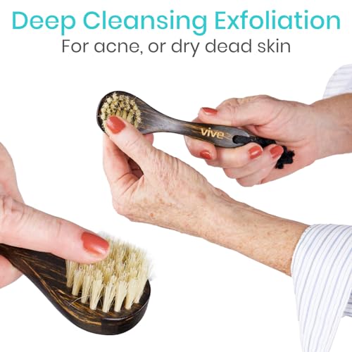 Vive Dry Brush Set for Lymphatic Drainage (3 Pieces) - Brushing Scrubber for Exfoliating, Body Cellulite and Skin Massage - 100% Natural Boar Hair Bristles, 14¡± Long Dark Wooden Handle w/Storage Bag