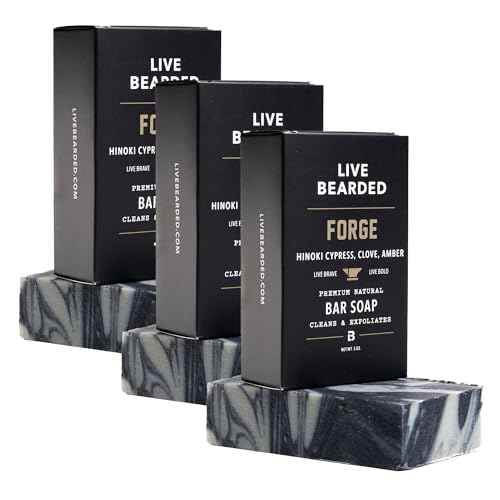 Live Bearded All-Natural Bar Soap for Men, 3-Pack of 5 oz - Made in the USA - Exfoliates and Moisturizes - Charcoal, Pumice, Shea Butter | Forge Scent - Hinoki Cypress, Clove, Amber