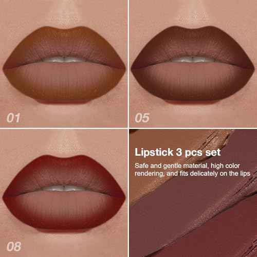 evpct 3Pcs Warm Brown Maroon Dark Wine Red Gradient Matte Lipstick Lip Liner Crayon Combo Pencil Set for Women Long Lasting, Cream Lip Liner and Lipstick Combo Makeup£¬Flawless Gradual Ombre Effect