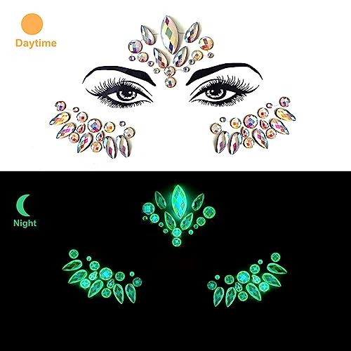 Face Gems 4 Sheet Face Jewels Stick on Rhinestones Stickers Luminous Crystal Face Stickers Gemstones Temporary Tattoo Gifts for Women Carnival Music Festival Party Rave Accessories (Luminous)