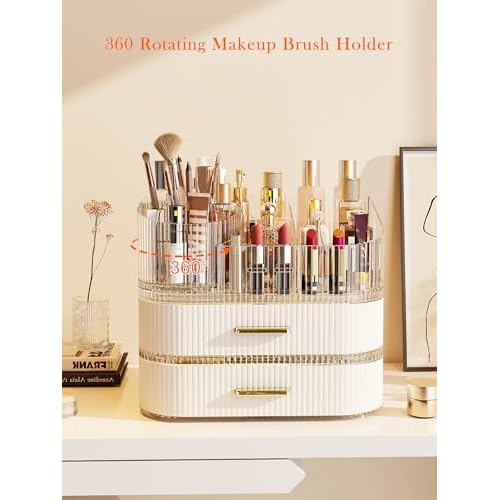 Makeup Organizer with Stackable Drawer, 360 Rotating Makeup Brush Holder, 11-inch Wide Large Cosmetic Display Case, Skincare Organizers and Storage for Vanity, Bathroom Countertop (1 Tray + 2 Drawer)