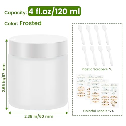 EkkoVla 24 Pack 4 oz Frosted Glass Jars with Lids, Round Empty Cosmetic Containers with Inner Liners for Lotion, Cream, Ointments, Powder, Candle