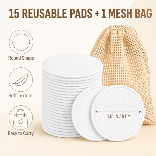 Reusable Makeup Remover Pads - 15 Pack Washable Cotton Rounds with Mesh Bag