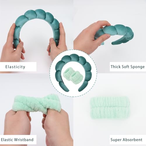 CAVETEE Makeup Headband for Girls Spa Party Favor, Spa Party Decorations Bubble Headband Thick Sponge Headband with Strong Water Absorption for Makeup Removal Skincare Shower (Green)