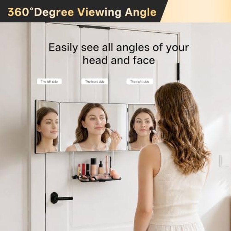 3-Way Folding Mirror with Shelf for Haircuts & Makeup