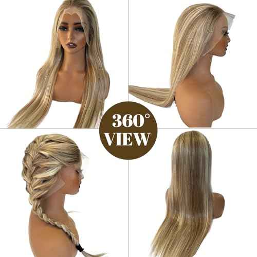 Belaved 24 Inch Highlight Ombre Medium Brown Lace Front Wigs Human Hair Mix Blonde 13x6 Long Straight Balayage Blonde with Brown Roots 180% Density HD Lace Frontal Wig for Women Pre Plucked 8B60A