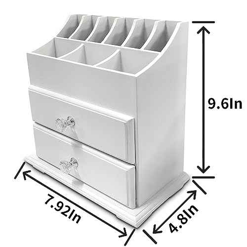 White Wood Cosmetics Organizer Makeup & Beauty Accessories Storage Rack with Drawers for Neat & Organize Storing of Makeup Tools Small Accessories at Home & Office Vanities & Bathroom Counter-top
