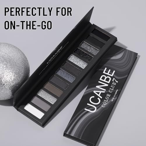 UCANBE Smokey Eyeshadow Palette, Dark Black White Gray Silver Natural Nude Matte Shimmer Eye Shadow Pallet for Smoky Emo Goth Makeup, 12 Color High Pigmented Long Lasting Waterproof Pallete with Brush