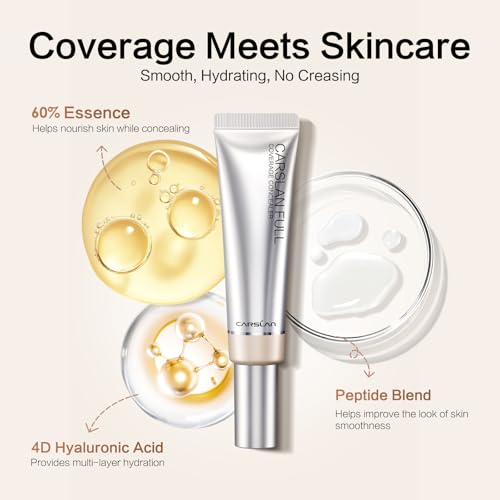 CARSLAN Full Coverage Concealer, Lightweight 12H Long-Wear Liquid Concealer with Skincare Ingredients, Helps Conceal the Look of Dark Circles, Redness & Imperfections, 0.42 Fl Oz (02)