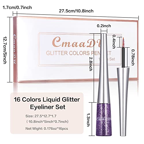 16 Colors Glitter Metallic Liquid Eyeliner Set Waterproof Long Lasting Eye Liner pencil Pigmented Shimmer Eye Makeup Gift Kit for Women Green Purple Blue Pink white Silver Gold Colored Eyeliners