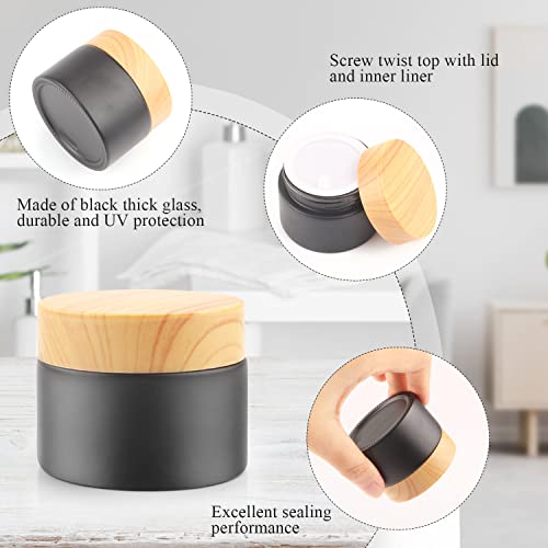 12 Pack 50gram/1.7oz Glass Cream Jars Empty Frosted Sample Containers Refillable Cosmetic Jar Vials with Plastic Wood Grain Lid&Inner Liner for Lotion Face Cream Moisturiser Gel Ointment - Black