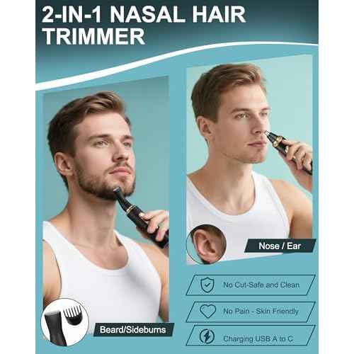 Ear and Nose Hair Trimmer for Men Women with LED Display, 2 in 1 Painless USB Rechargeable Nose Trimmer Clipper Eyebrow & Facial Hair Remover, 13,000 RPM,Dual Edge Blades,Waterproof,Black Gold