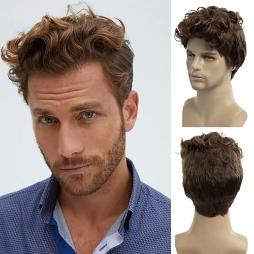 Baruisi Mens Short Brown Wig Natural Curly Fluffy Hair Wig Synthetic Cosplay Replacement Wig for Male