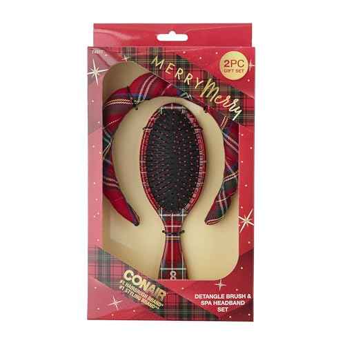 Conair Spa Tartan Headband & Detangle Cushion Brush 2pk Set - spa headband for washing face - Bubble headband - Makeup headband - GRWM headband - gifts for teen girls - stocking stuffers