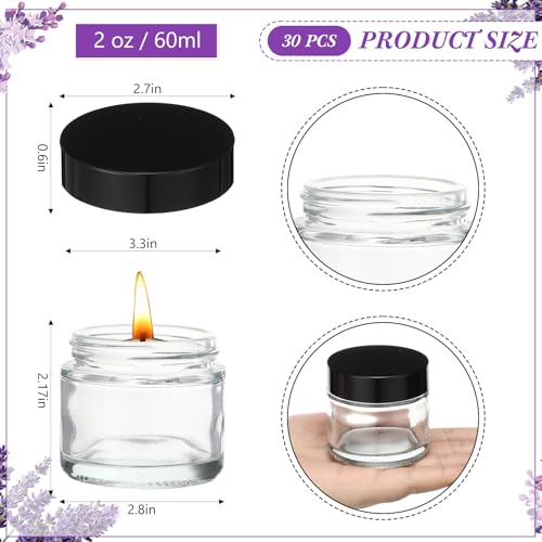 30 Pcs 2 oz Clear Glass Jars with Black Lids Leakproof Round Airtight Jars Empty Cosmetic Jars with Inner Liners Lid for Candle Making Storing Lotions Spice Powder Liquid Sample Makeup (Black,clear)