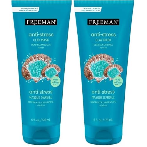 FREEMAN Dead Sea Minerals Anti-Stress Clay Facial Mask, Hydrating & Clarifying, Clears Pores, Face Mask With Lavender & Bergamot For Radiant Skin, Skin Types, 6 fl. oz./175 mL Tube (Pack of 2)
