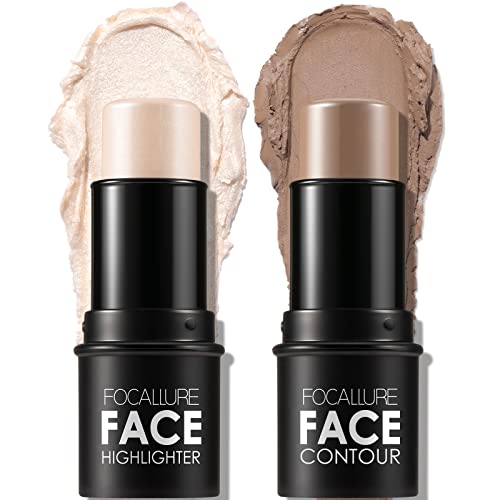 FOCALLURE 2 Pcs Mineral Cream Contour Stick,Moisturize Highlighter and Bronzer Pen,Non Stick Face Brightens & Shades Pencil,Long Lasting & Smooth Gliding Face Illuminator Makeup,Light