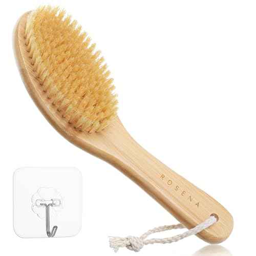ROSENA Dry Brushing Body Brush with Curved Handle - Dry Brush Natural Boar Bristles, Bamboo, Ergonomic Design for Exfoliating & Lymphatic Drainage, Sustainable Materials