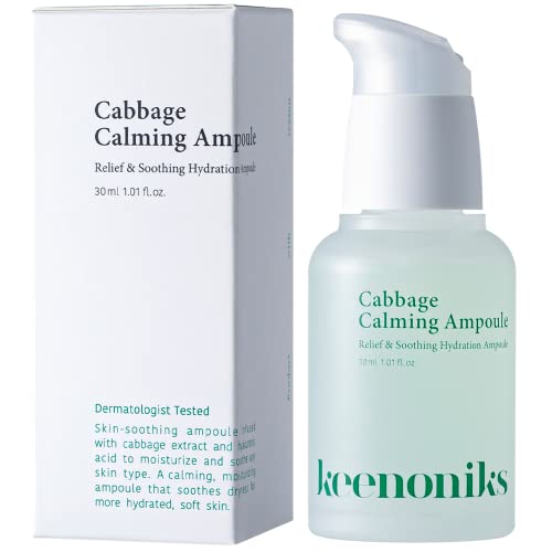 keenoniks Cooling Hyaluronic Acid Ampoule Serum - 85% Cabbage Extract Calming Facial Remedy to Soothe and Moisturize for Sensitive, Dry Skin | Balancing Korean Essence - 1.01 Fl Oz