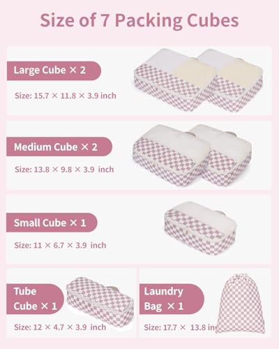 Narwey 7-Piece Checkered Packing Cubes Set for Travel - Dusty Pink