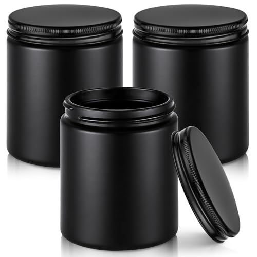 8 oz Black Glass Jars with Metal Lids - Set of 3, Black-Black Lids