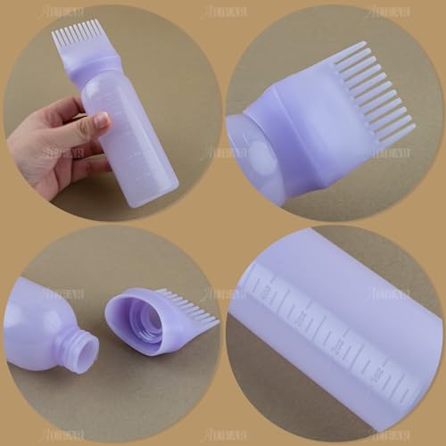 AUEAR, 2 Pack Purple Root Comb Applicator Bottles 6 Ounce Hair Dye Bottle Plastic Applicator Bottle Brush with Graduated Scale for Hair Dye