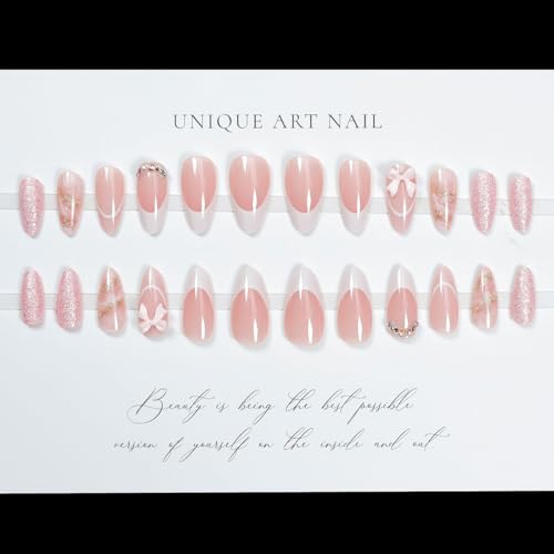 YIHONGYAN Style A13 Medium Almond Pink French Press-On Nails Kit with Charms, Full Cover Fake Nails for Women