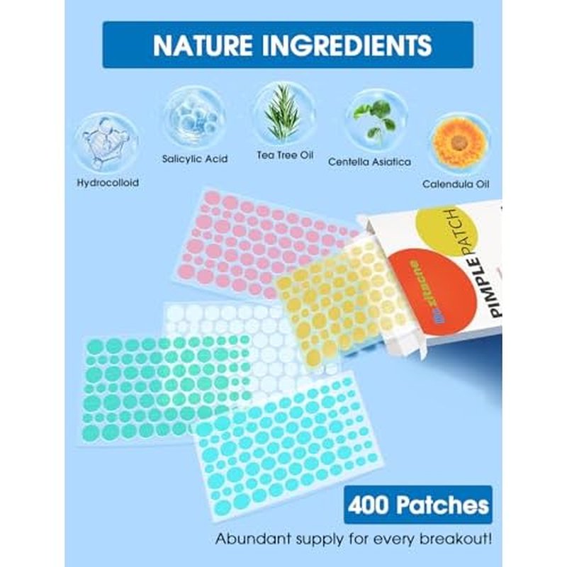 Pimple Patches for Face, Original Round Multicolor Hydrocolloid Acne Patches Professional 400 ct. 5 Colors & 6 Sizes(7/8/10/11/12/14mm) Suit Various Blemish, Cute Spot Stickers Invisible Zit Absorbing