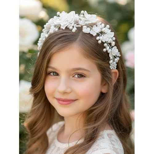 Woeoe Pearl Flower Girl Headpiece, Communion Headband, White Hair Accessories for Girls