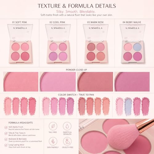 4-Color Blush Palette with Brush Set - Highly Pigmented, Blendable