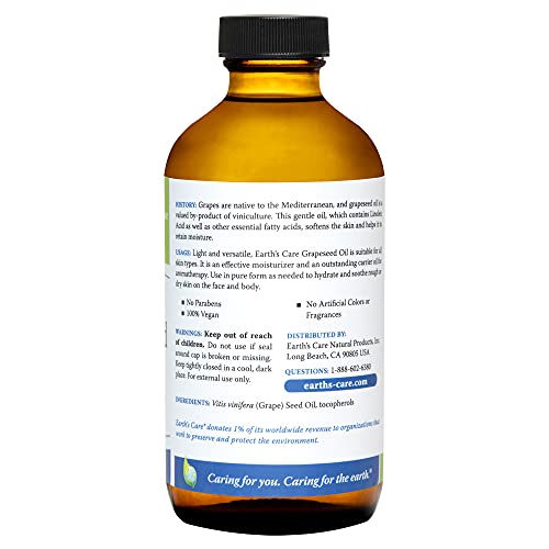 Earth's Care Grapeseed Oil - Natural, Expeller Pressed, for Skin and Hair - Lightweight Body Oil for Dry Skin, Glass Bottle, 8 FL. OZ.