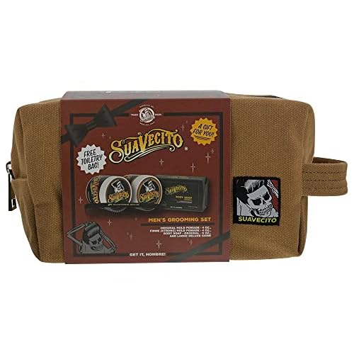 Suavecito Men's Hair Grooming Set OG & Firme (Strong) Hold Pomade, Body Soap, Large Deluxe Comb & Sand Canvas Bag