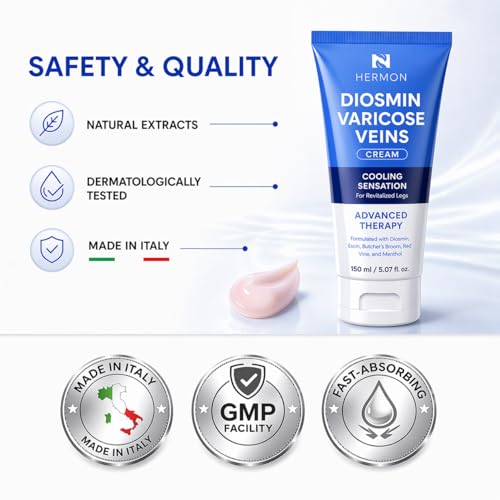 Hermon Diosmin Varicose Veins Relief Cream for Legs - Fast-Acting Skin Smoothing Gel, Made in Italy, 5.07 Fl Oz