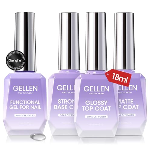 Gellen 4Pcs Gel Top Coat and Base Coat with Nail Strengthener Set for Gel Nail Polish, 18ml No Wipe Glossy and Matte Gel Top Coat, Base Coat Gel Nail Polish, Soak Off UV Gel to Nail Harder