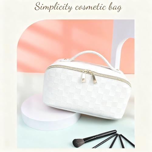 Cosmetic Bag,Travel Makeup Bag, Large Capacity Cosmetic Bags for Women, Waterproof Portable Open Flat Toiletry Bags,Makeup Organizer Bag with Divider and Handle, Cosmetic Pouch Gifts for Women (White)