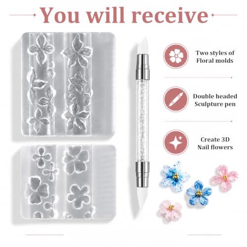 2PCS Floral Silicone Nail Art Molds with Double-Ended Sculpting Pen for 3D Nail Design