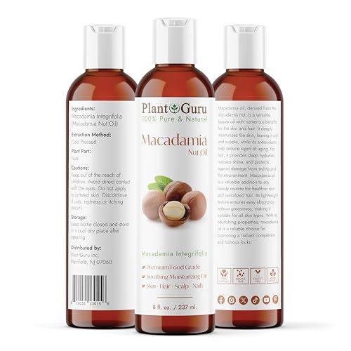 Plant Guru Macadamia Nut Oil 8 fl. oz. Cold Pressed 100% Pure Natural Carrier ? Skin, Face, Body, and Hair Moisturizer. Ideal for DIY Creams, Lotions, and Lip Balms