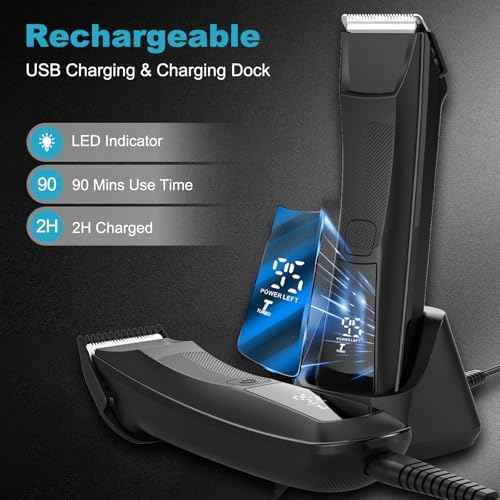 Body Hair Trimmer for Men Pubic Hair Trimmer, Waterproof Cordless Ball Groin Trimme Men with Ceramic Blade, Rechargeable Body Shaver Groomer with Standing Recharge Dock