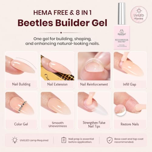 Beetles Builder Gel Nails Kit HEMA-Free with Clear & Nude Gel, Handheld UV/LED Lamp