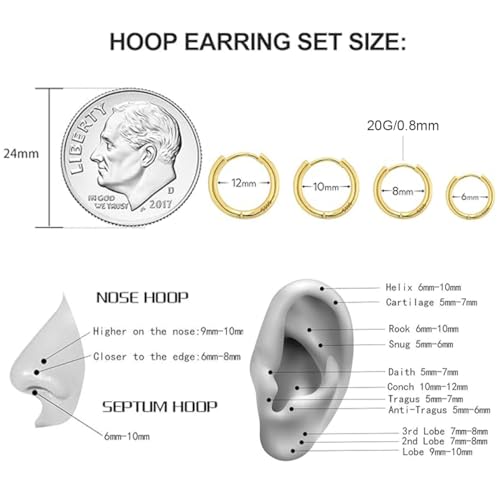 4 Pairs Gold Hoop Earrings Set for Women, 14k Gold Plated Cartilage Hoop Earring Hypoallergenic Non Tarnish Small Hoop Earrings for 2nd 3rd Hole Gold Huggie Hoop Earrings for Women Men Gifts (Gold)