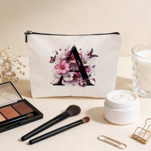 Pink Flower Initial A Makeup Bag - Travel Cosmetic Organizer for Women & Gifts