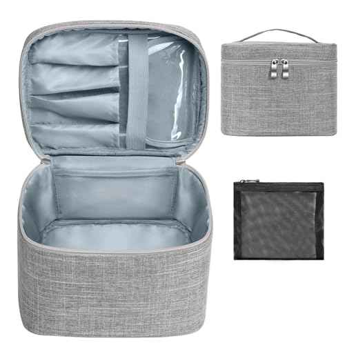 Large Makeup Bag Travel Makeup Cosmetic Bag Case Organizer Makeup Pouch with Mesh Bag Makeup Brush Holder Bag Toiletry Bags for Women - Grey